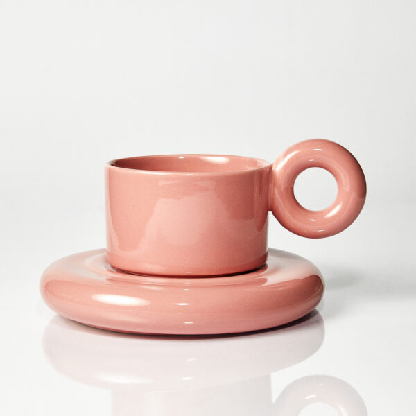 Kubek ceramiczny plus spodek Jackie różowy / Blooming dahlia/ ręcznie wytwarzane