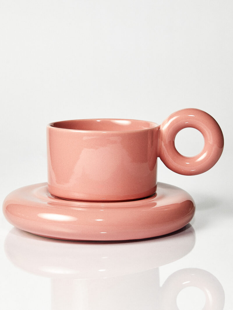 Kubek ceramiczny plus spodek Jackie różowy / Blooming dahlia/ ręcznie wytwarzane
