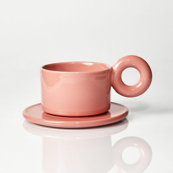 Kubek ceramiczny plus spodek Baub / różowy/ Blooming Dahlia/ ręcznie wytwarzane