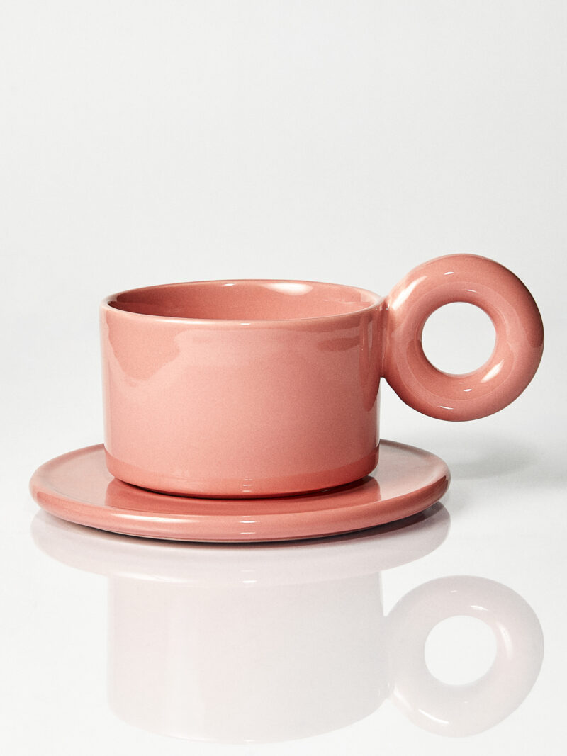 Kubek ceramiczny plus spodek Baub / różowy/ Blooming Dahlia/ ręcznie wytwarzane