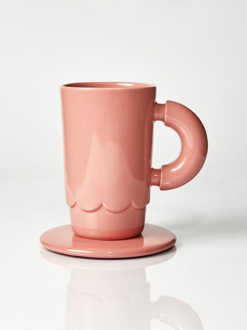Kubek ceramiczny LOLA plus spodek Baub/ różowy/ Blooming dahlia/ ręcznie wytwarzany